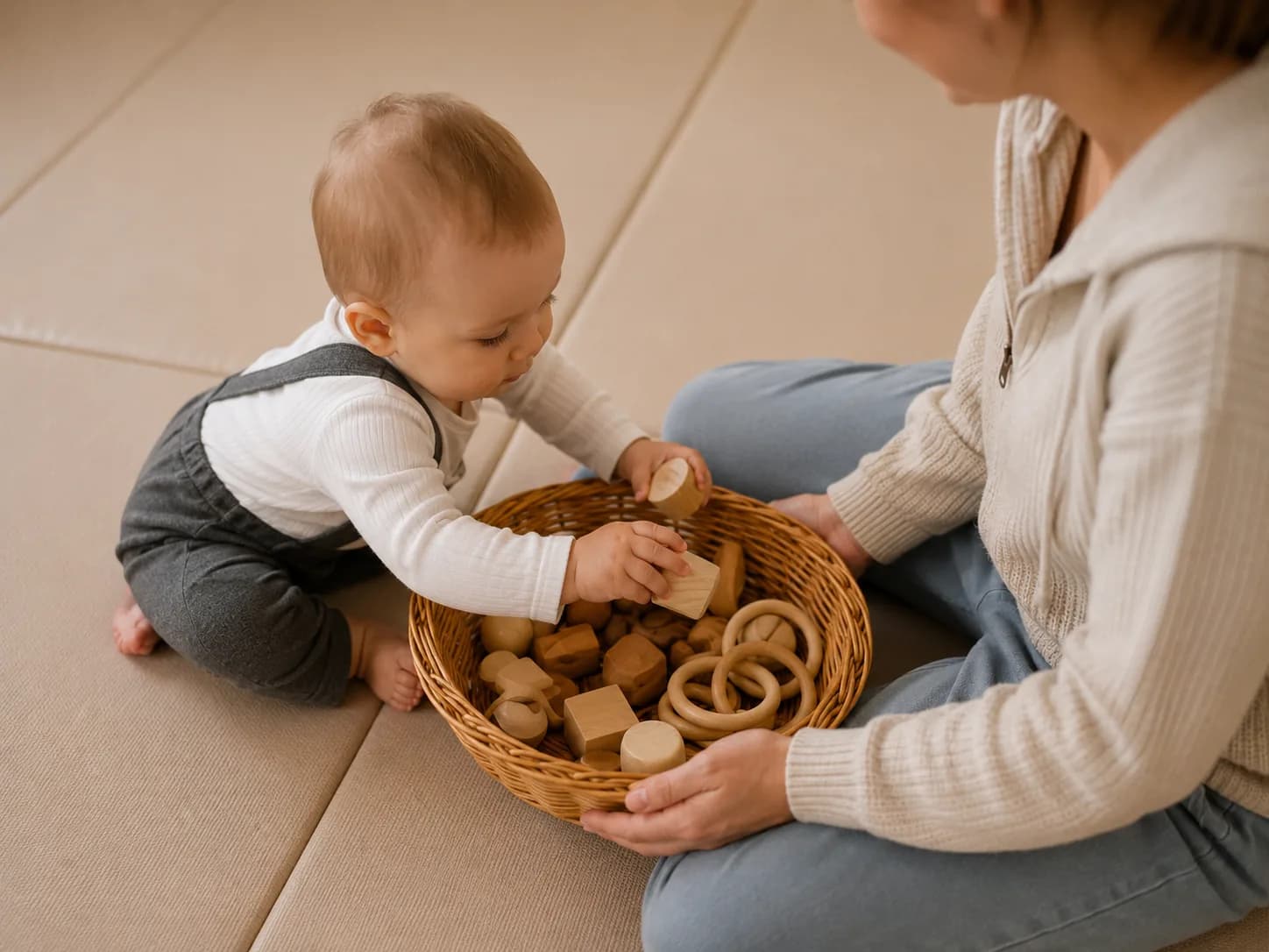 Mutter und Baby entdecken gemeinsam einen Korb mit Holzspielzeug