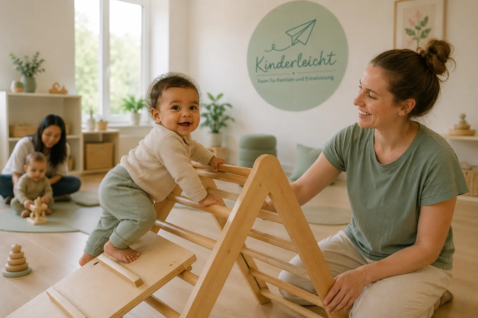Kursleiterin und lachendes Baby am Pikler-Dreieck im Kinderleicht-Kursraum