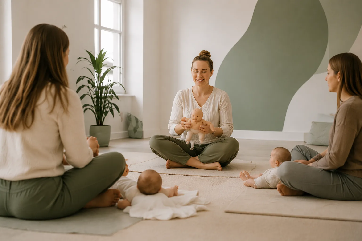 Kursleiterin mit Eltern und Babys in einer Kursrunde bei Kinderleicht